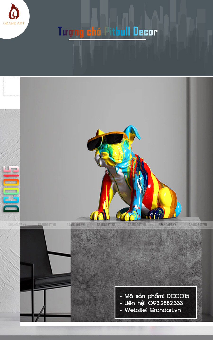 tượng chó Pitbull đa sắc decor trang trí - DC0015
