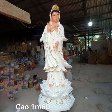 Tượng Phật Bà Quan Âm Bằng Composite Màu Trắng Viền Vàng - QA0008