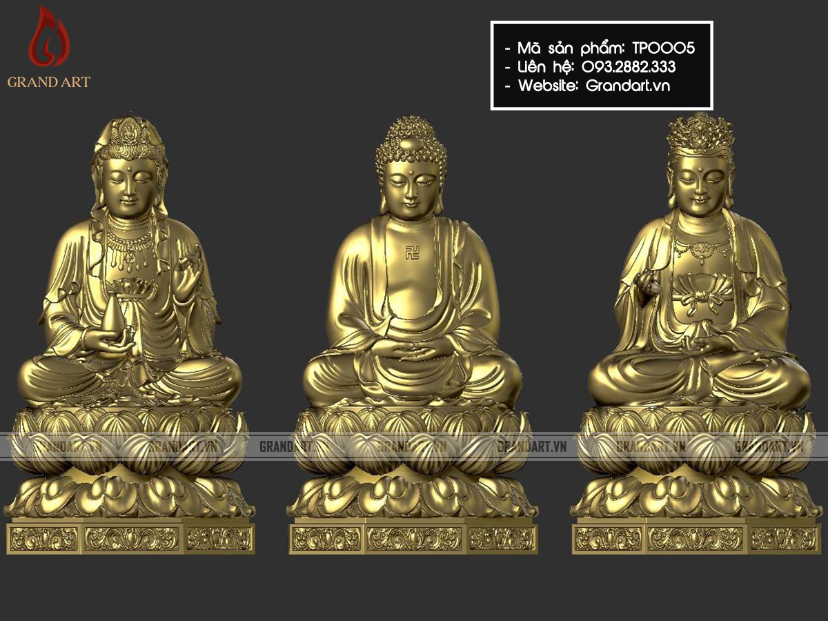 bộ tượng Phật Tây Phương Tam Thánh dáng ngồi đài sen - TP0005